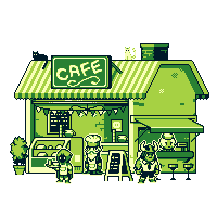 Pixel-art illustration of a cafe with its staff scheduled out front